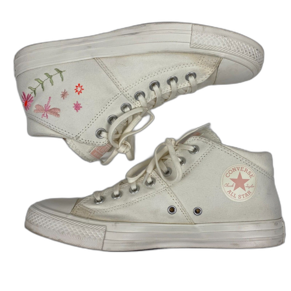 Floral Converse All Star Mid Top Shoes Woman's Size 10 White Embroidered Shoes